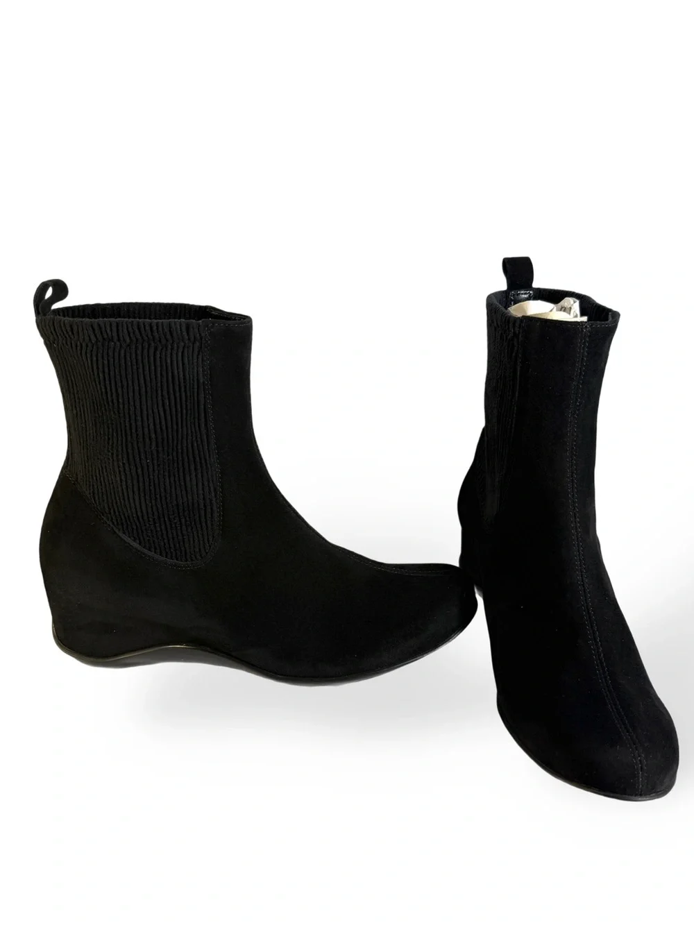 Aquatalia Black Suede Ankle Booties with Knit Stretch Panels
